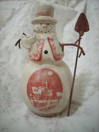 Porcelain Christmas Snowman Figurine with an Antique Red Winter Christmas Scene
