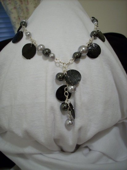 Handmade Silver Pearl, Hematite, and Black Coin Shell Necklace and Pendant
