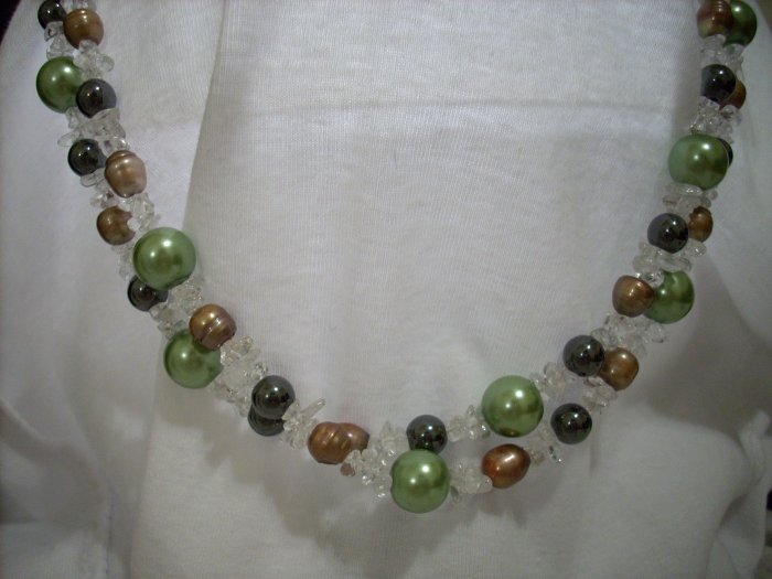 Double Strand Mossy Green Pearls, Hematite, Goldish Taupe Pearls, & Crystal Beaded Handmade Necklace