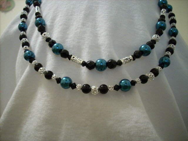 Set of 2 Rich Blue Pearl, Black Glass Bead, and Silver Beaded Handmade Necklaces