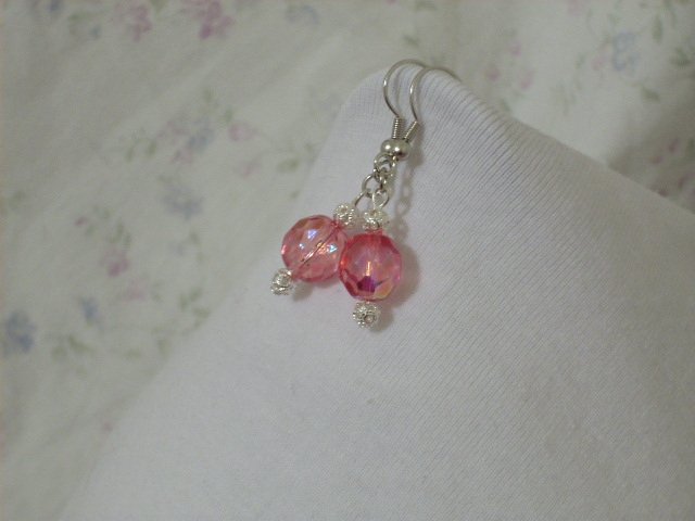 Pink Faceted Glass Bead and Silver Bead Handmade Earrings