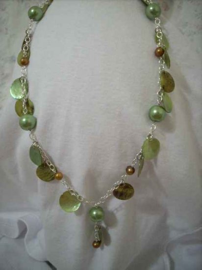 Green and Brownish Gold Pearl and Green Coin Shell Handcrafted Chain Necklace and Pendant