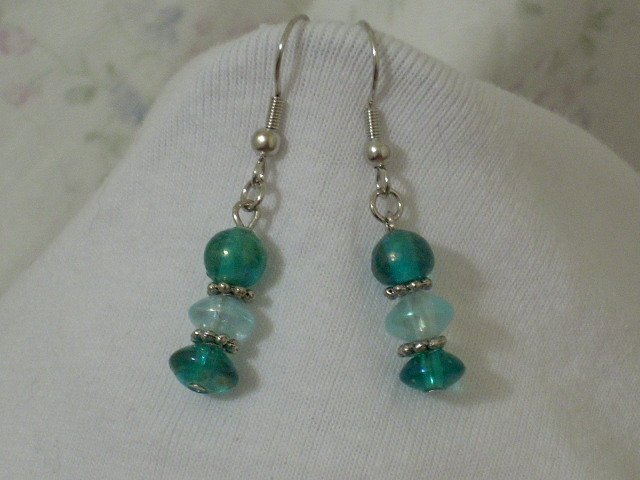 Czech Glass Bead Turquoise Blue and Icy Blue Handmade Earrings