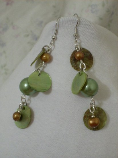 Green and Brownish Gold and Green Coin Shell Handmade Earrings