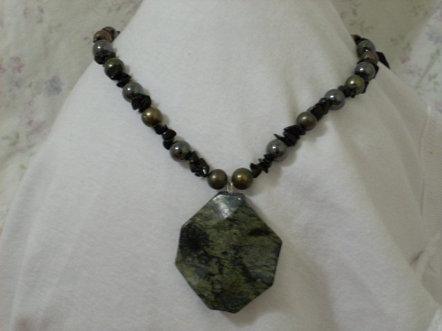 Dark Greenish Gold, Hematite, and Black Sandstone Chip Handmade Necklace with Gemstone Pendant