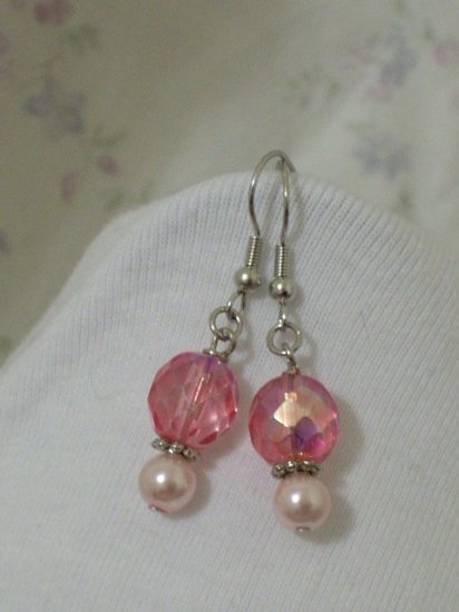 Light Pink Pearl and Pink Faceted Glass Beaded Handmade Earrings