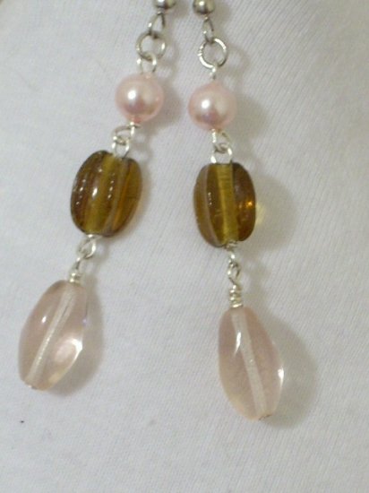 Czech Pink Crystal and brown glass bead Handmade Earrings