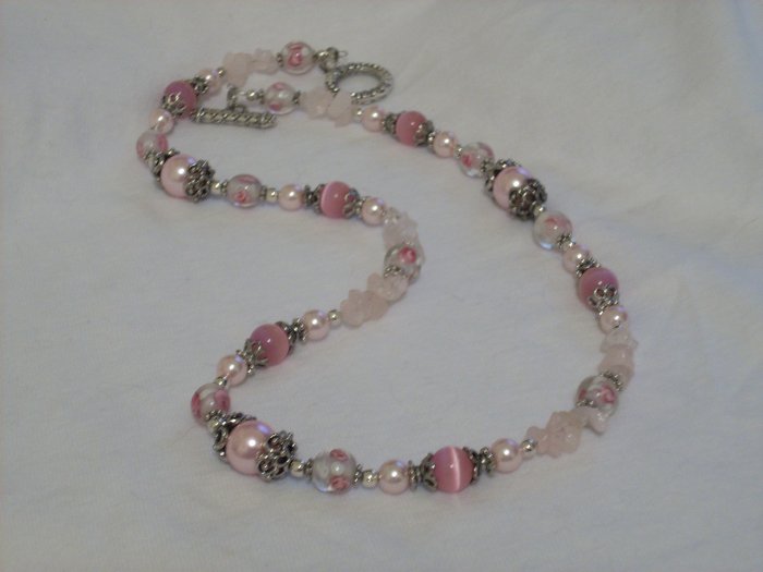 Handmade Pink Glass Beads with Silver Bead Cap Necklace