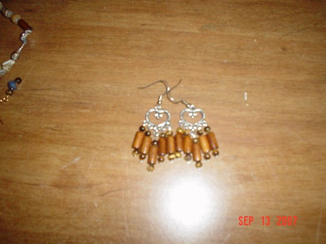 Tiger Eye and Wood Bead Chandelier Earrings