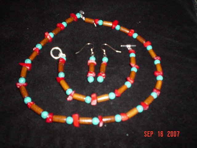 Red Coral and Turquoise Necklace, Bracelet and Earring Set