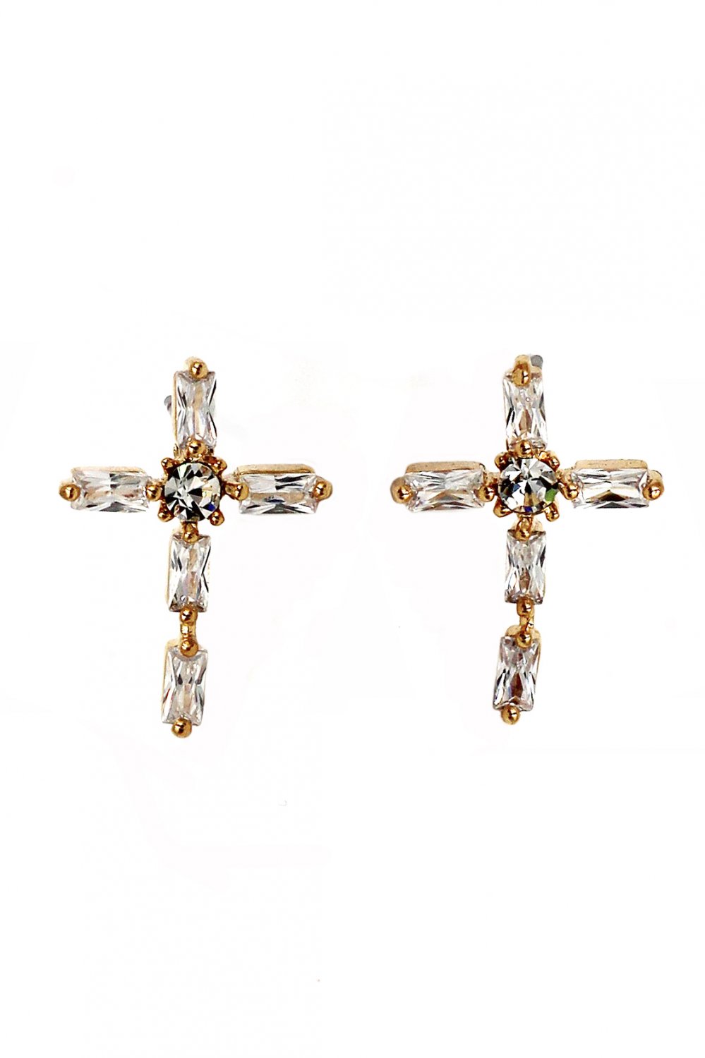 Mini cross crystal gold earrings