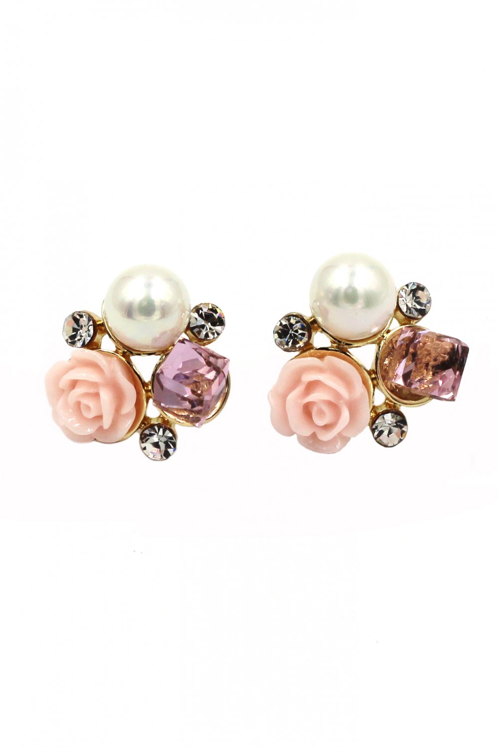 Lovable pink flower crystal pearl earrings