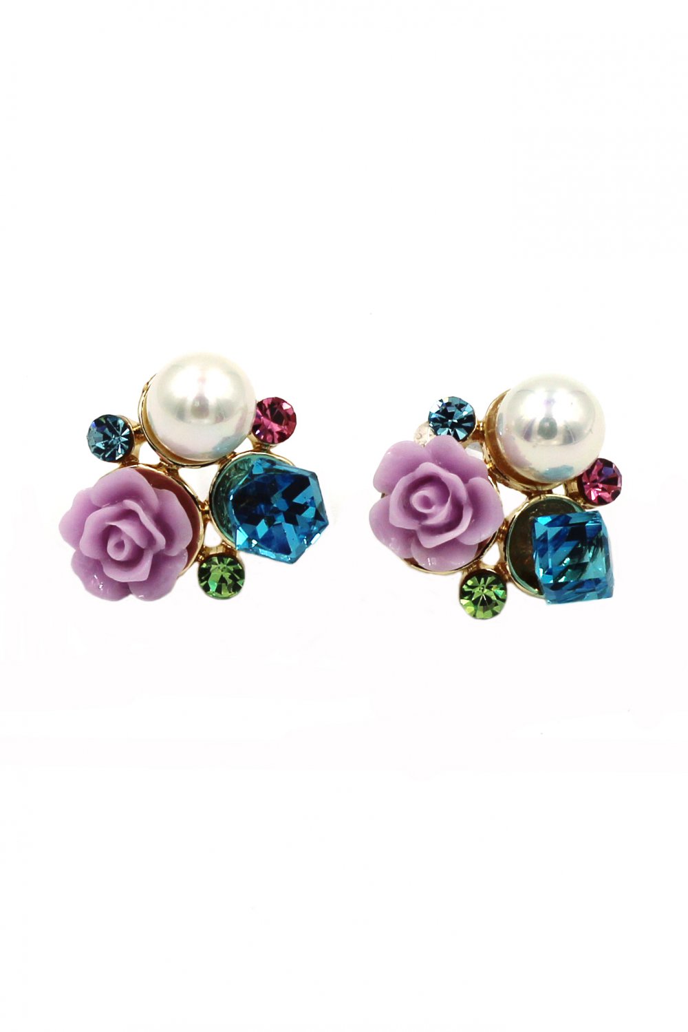 Lovable purple flower crystal pearl earrings