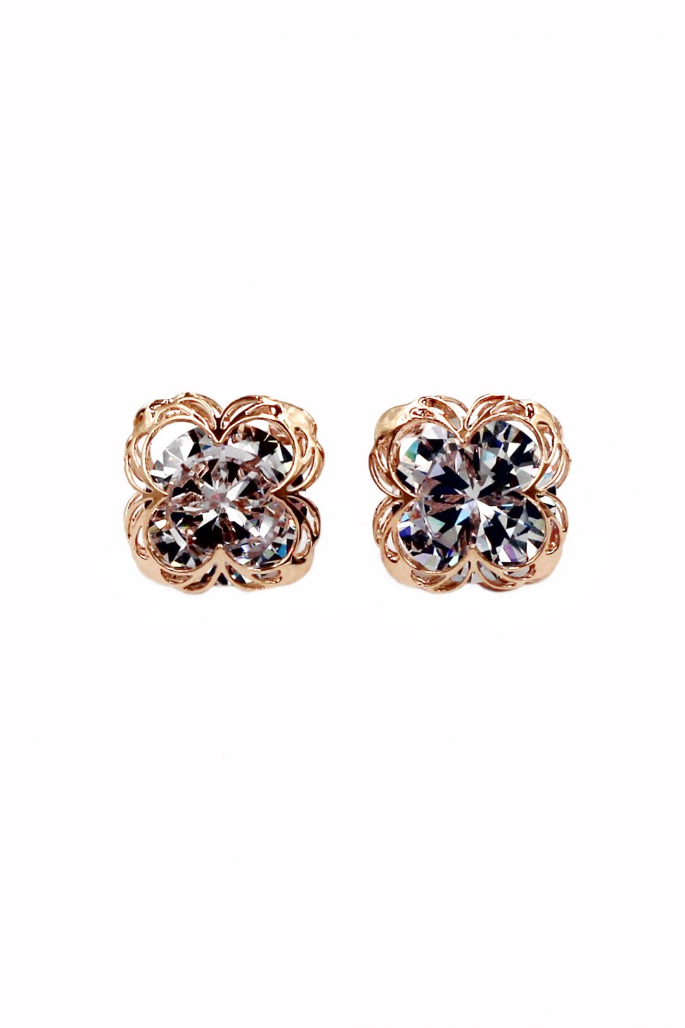 Sweet flower side crystal rose gold earrings