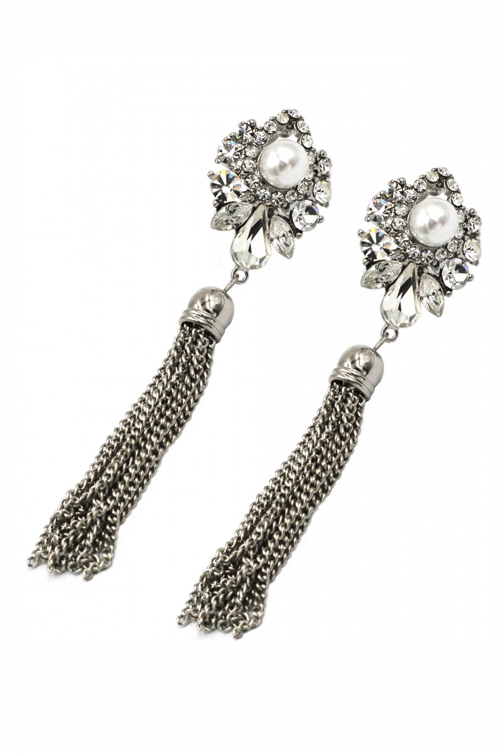 Elegant pendant tassel crystal and pearl silver earrings
