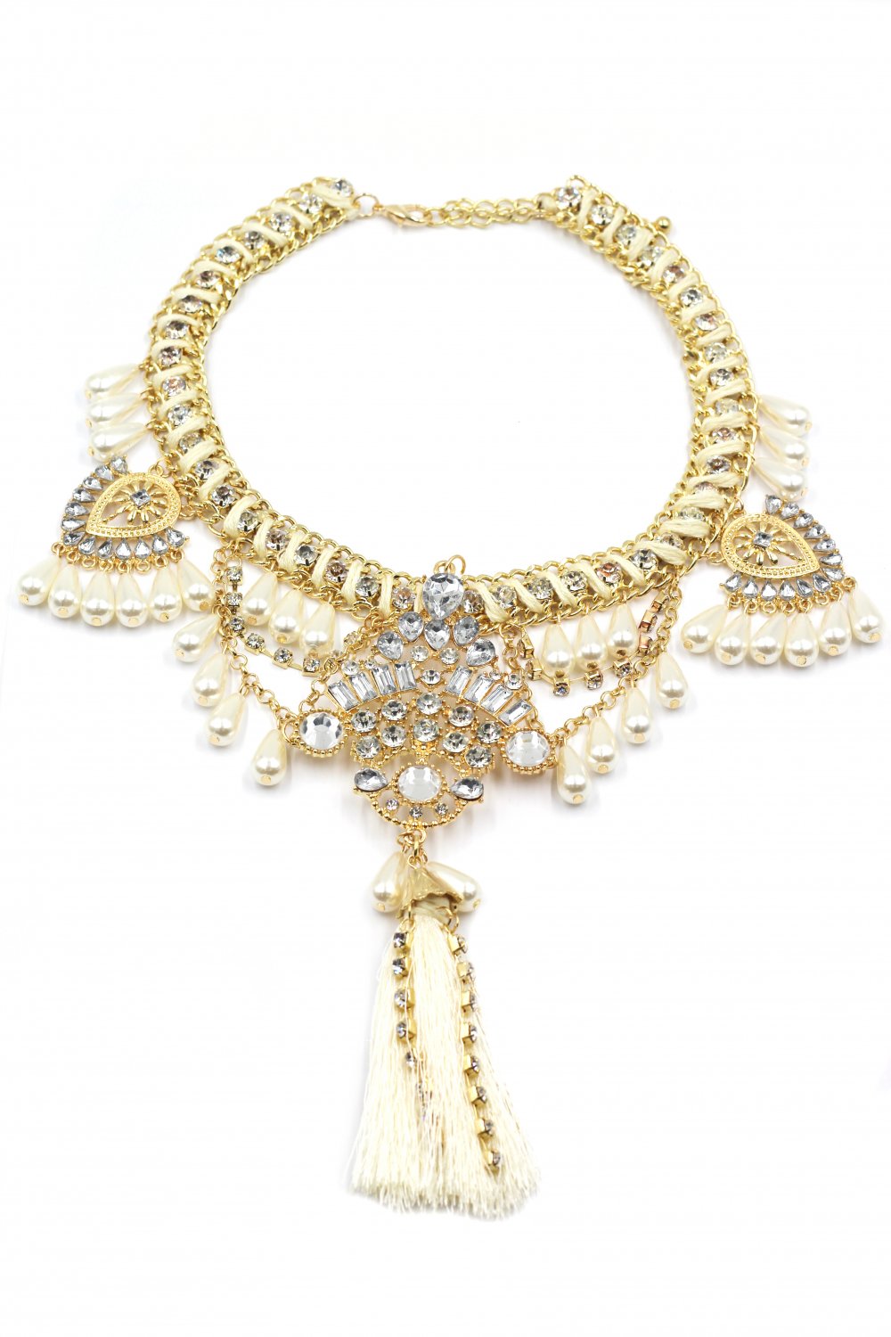 Colorful tassel national crystal and beads white necklace