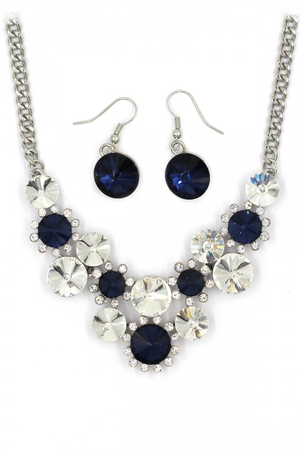 Fashion circle blue crystal necklace earrings silver sets