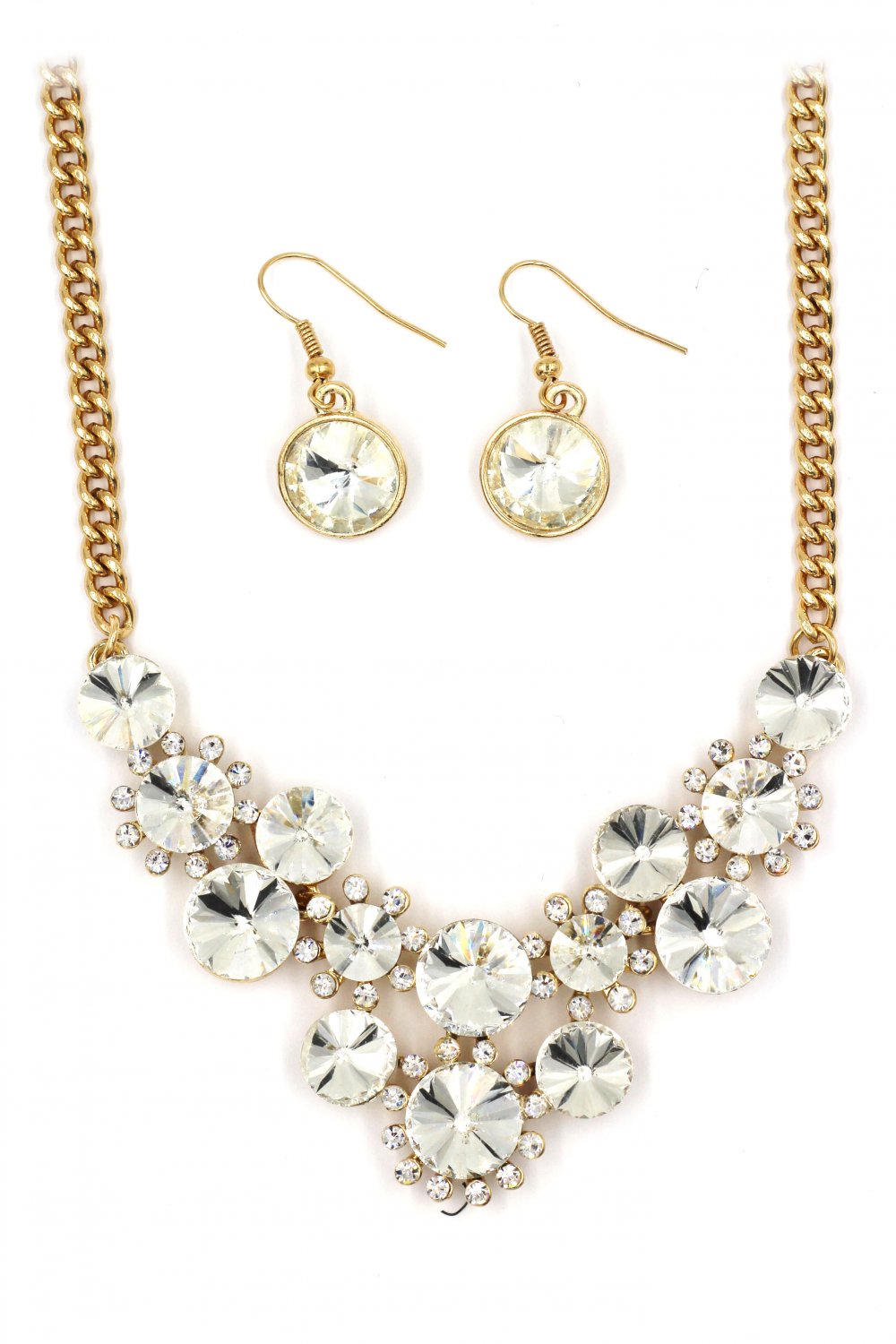Fashion circle white crystal golden necklace earrings sets