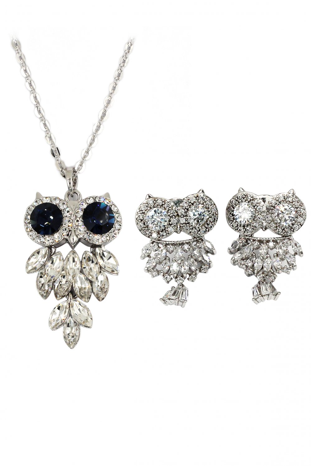 Lovely crystal blue eye owl necklace earrings set