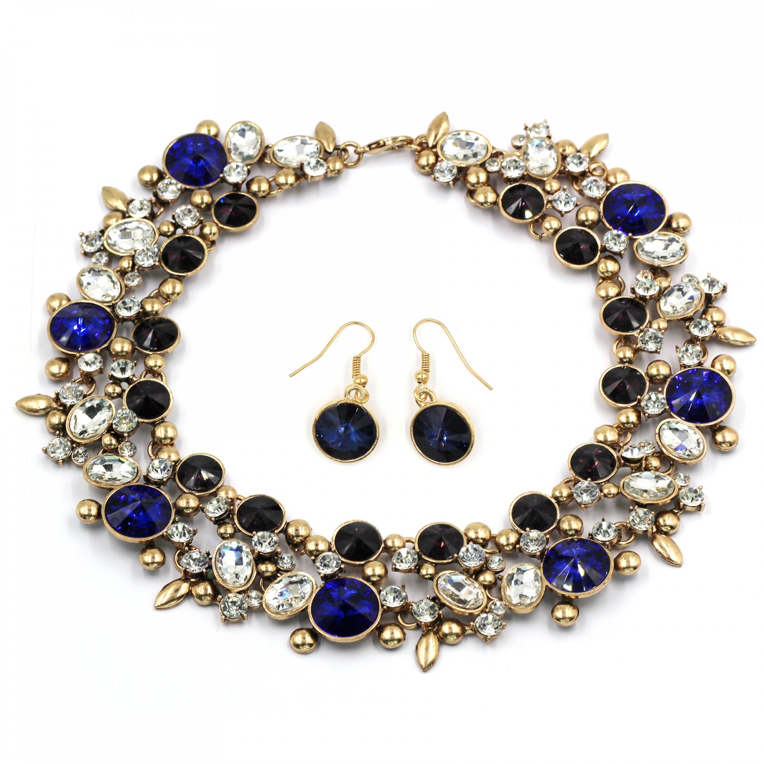 Elegant full blue crystal necklace earrings golden set