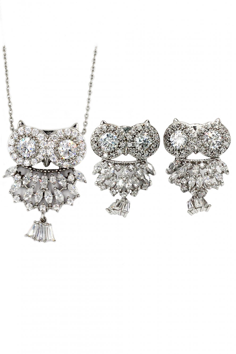 Lovely crystal pendant owl necklace earrings silver set