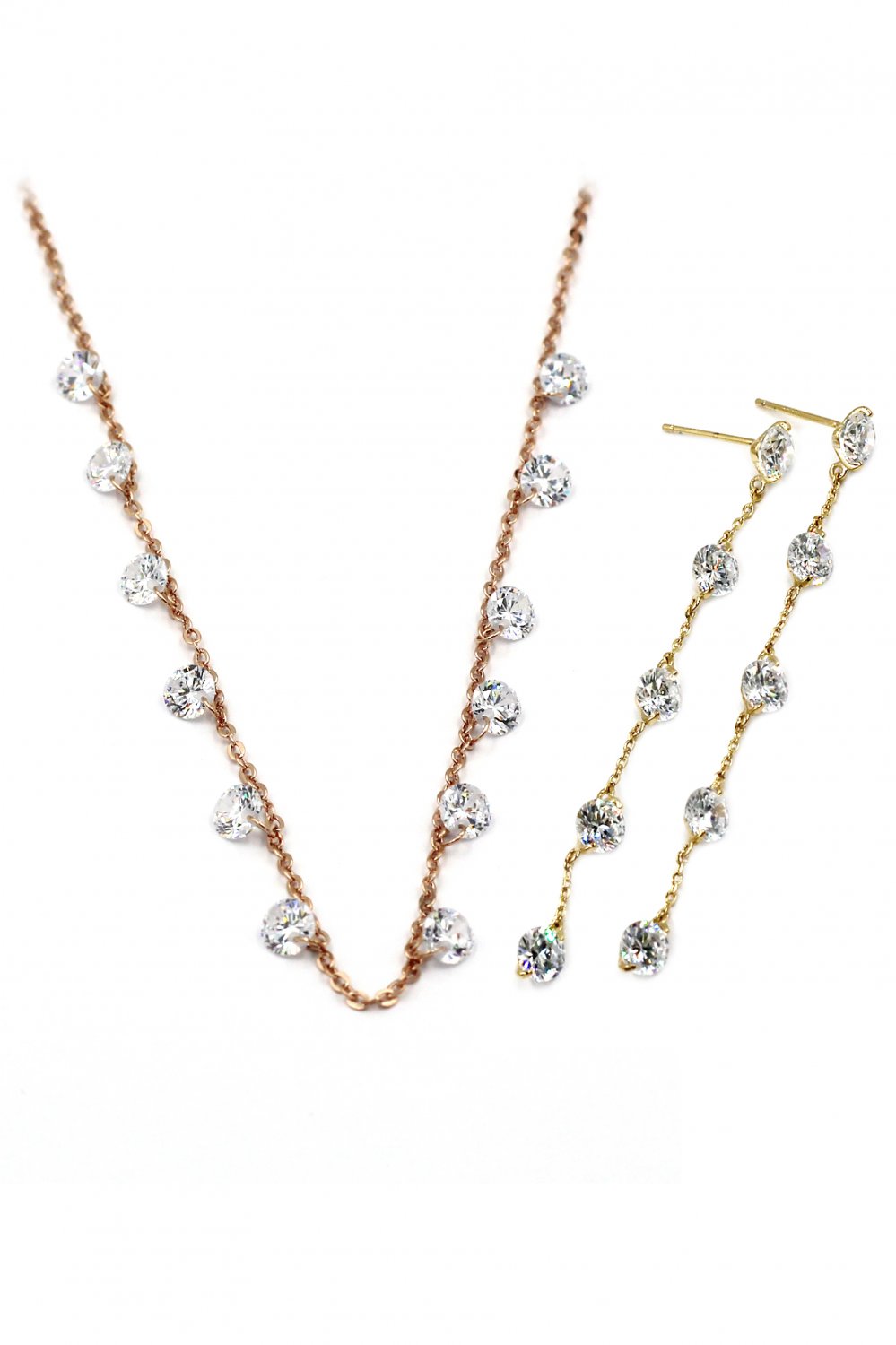 Small crystal fine chain necklace earrings gold set