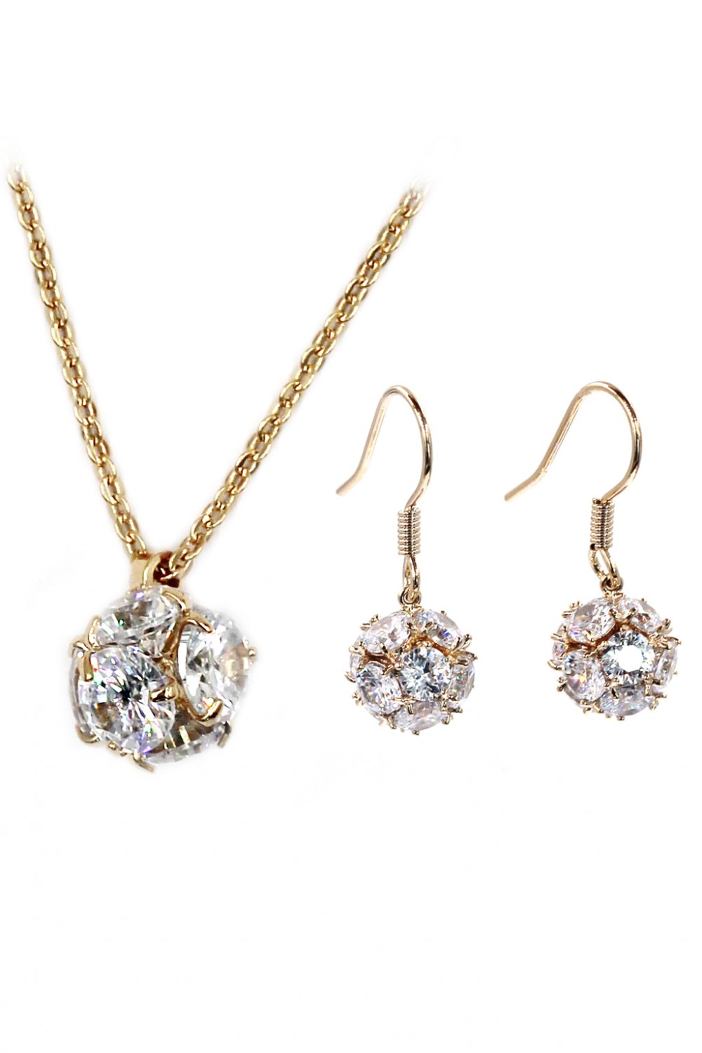 Mini crystal ball necklace earrings gold set