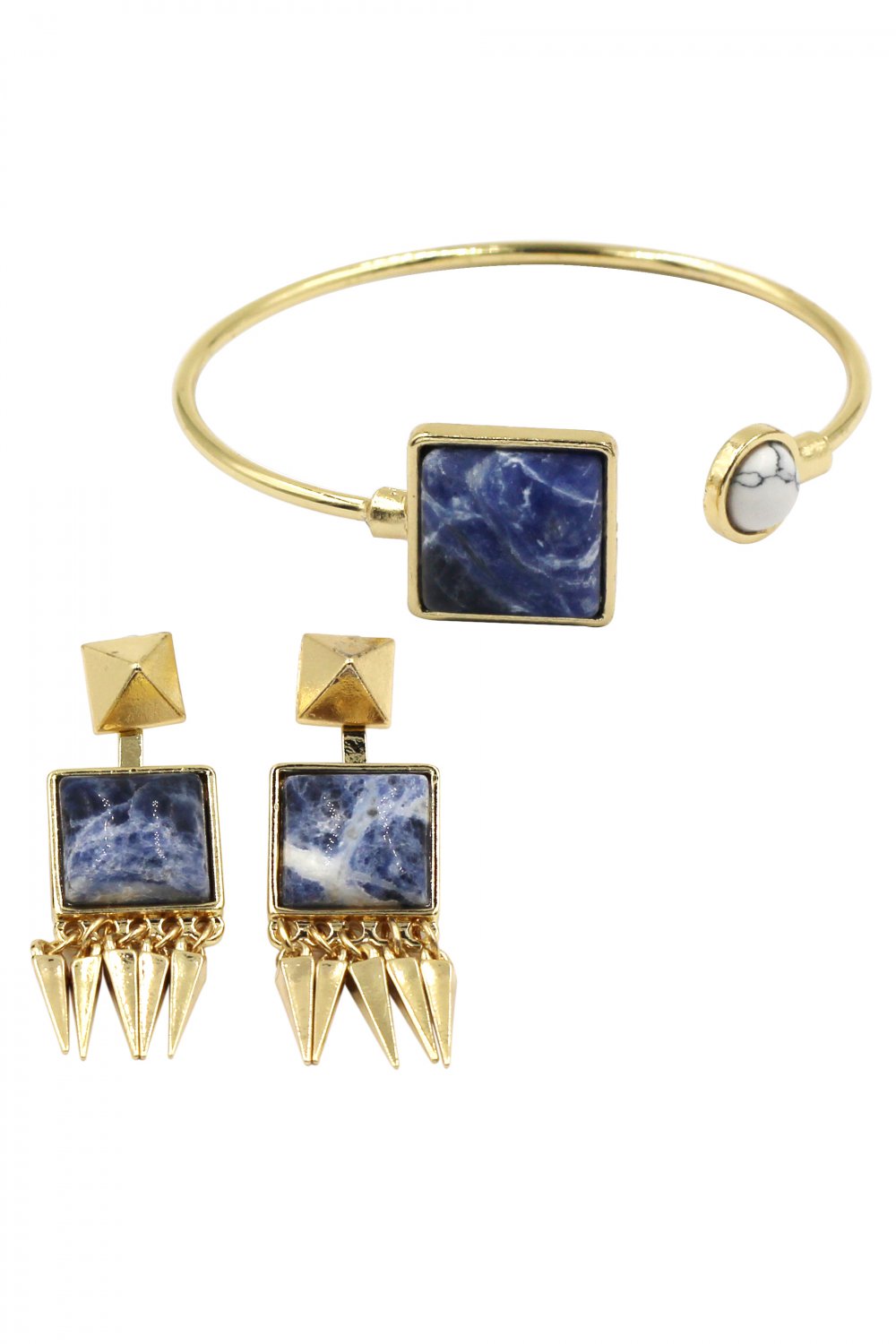 Fashion blue square white round golden bracelet earrings set