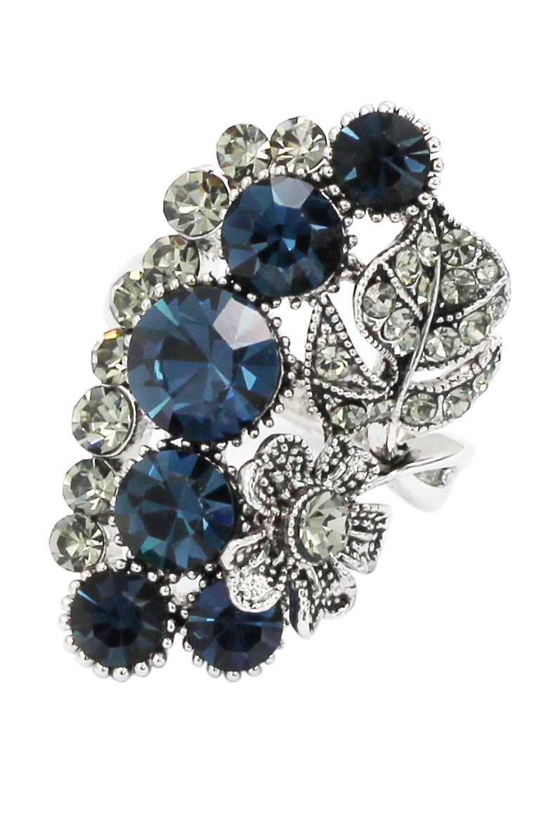 Elegant blue crystal flower and foliage silver ring
