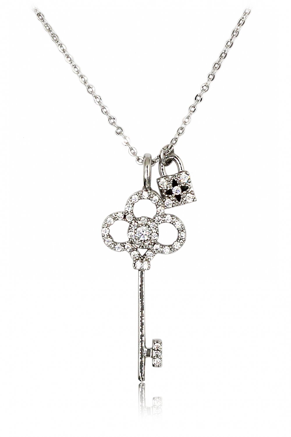 Delicate crystal key and lock silver necklace