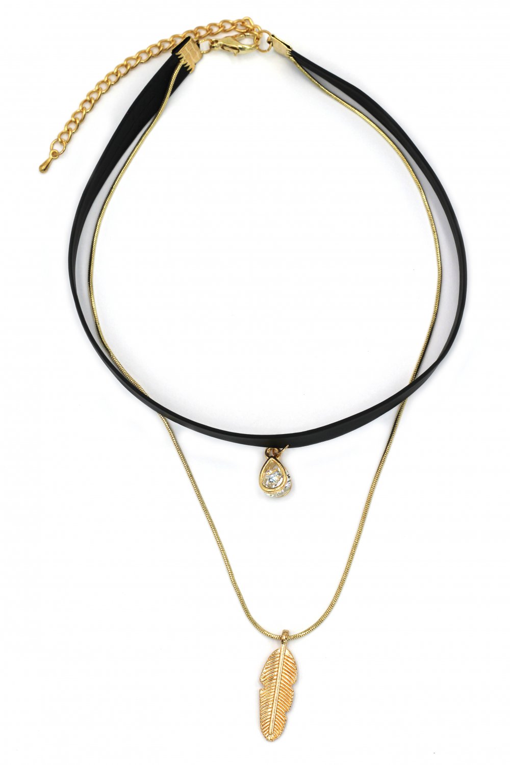 Fashion double-chain crystal drop and plumage pendant choker