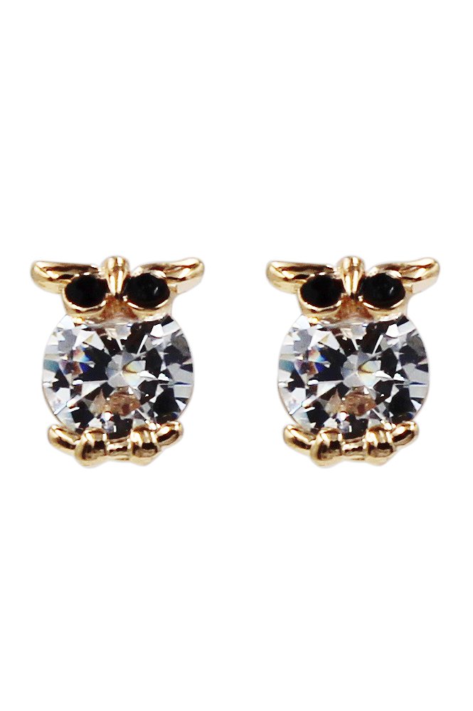 Mini owl abdomen crystal gold earrings