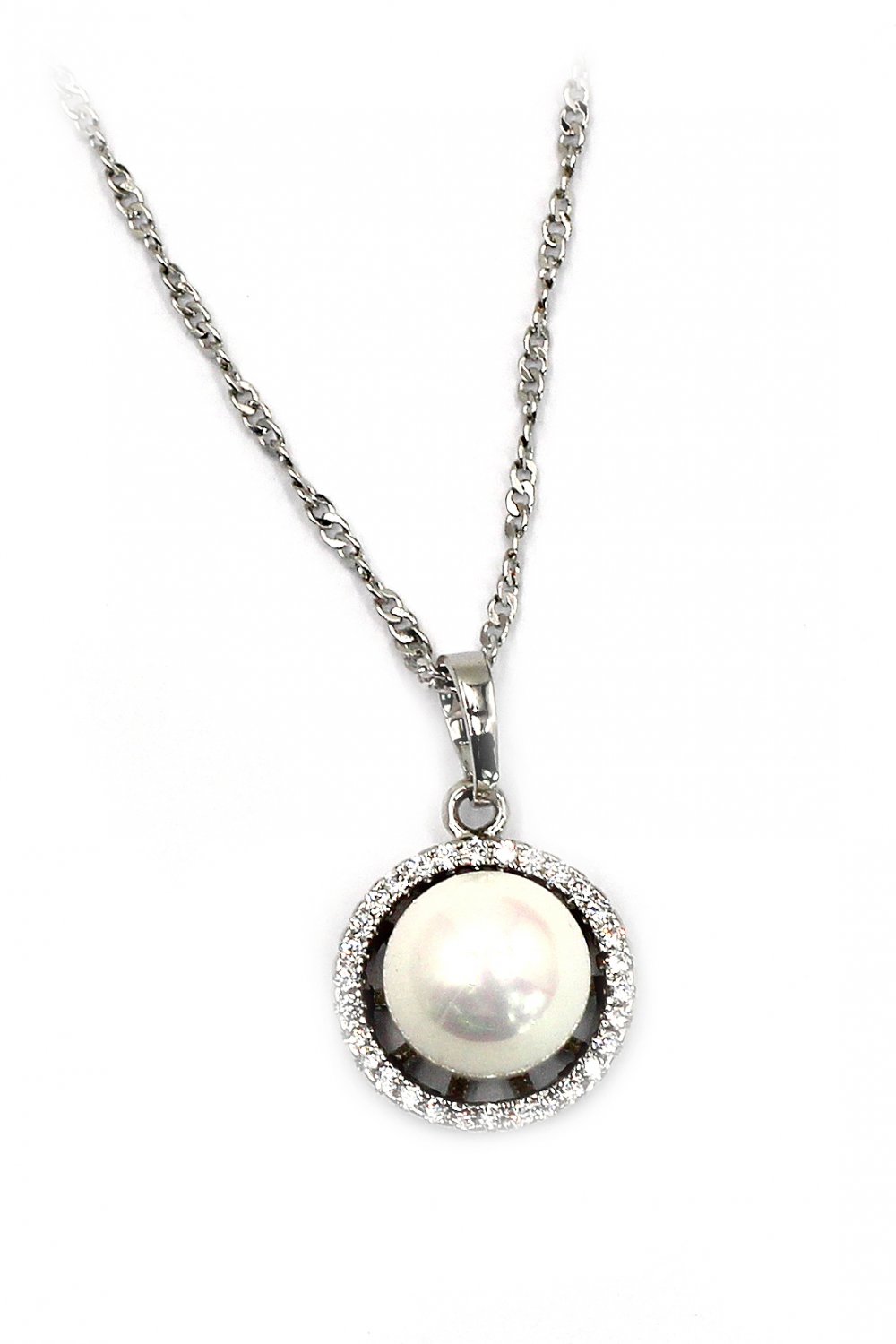 Large pearl inlaid crystal side silver necklace