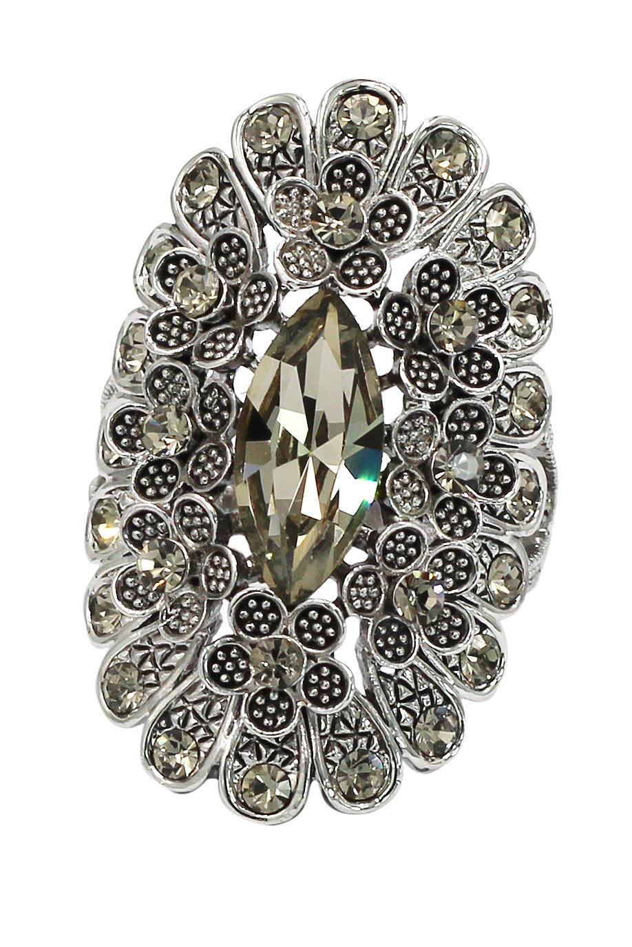 Noble gray crystal flowers silver ring