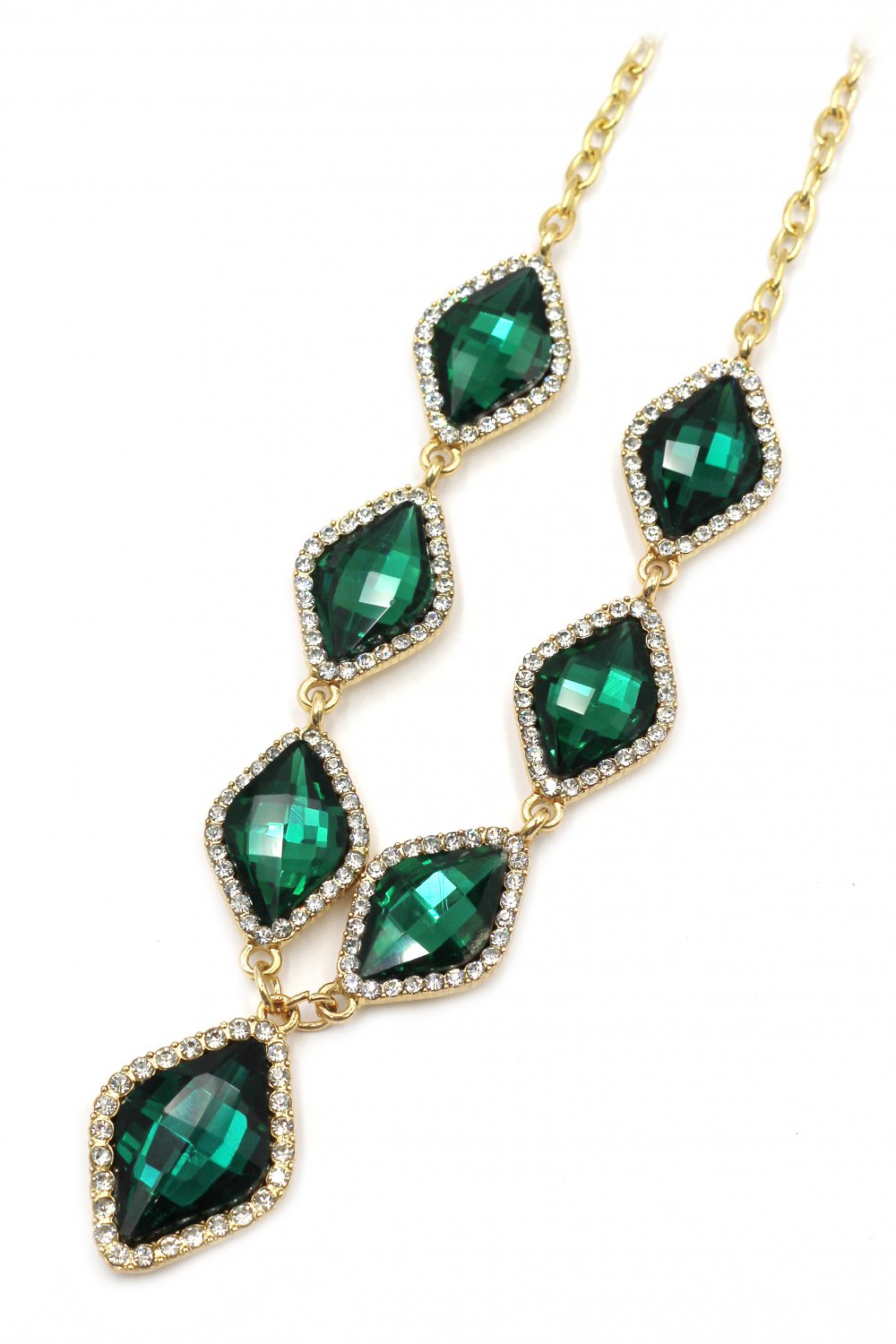 Fashion rhombus green crystal golden necklace