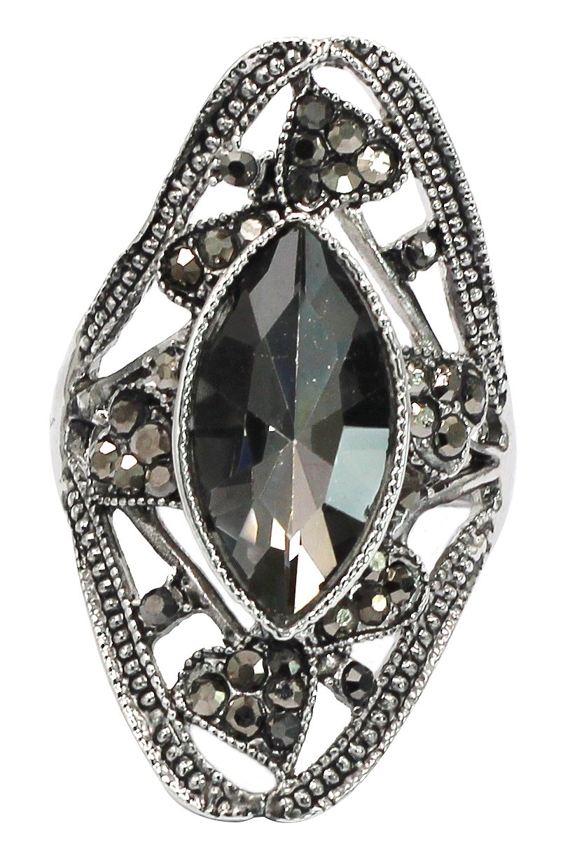 Black crystal silver ring