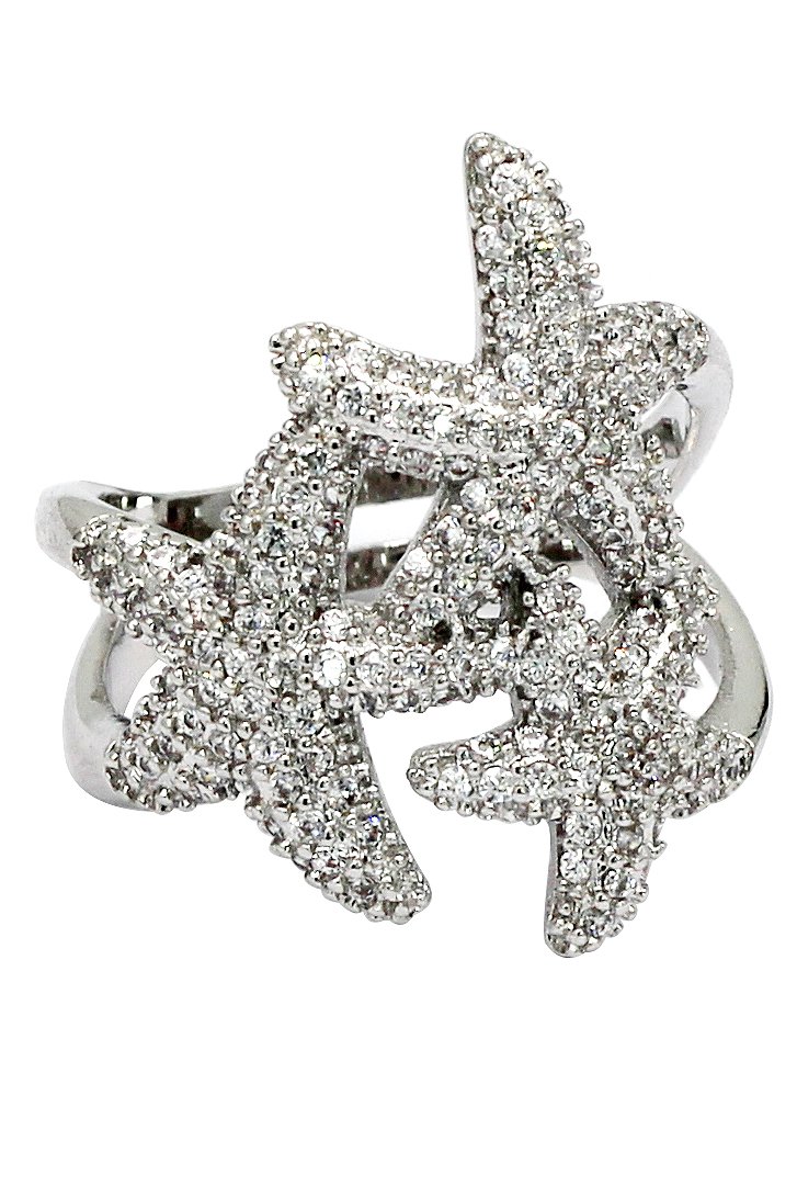 Sparkling Micro-set crystal starfish silver ring