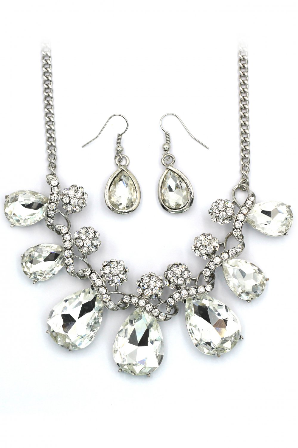 Noble cobblestone crystal necklace earrings silver sets