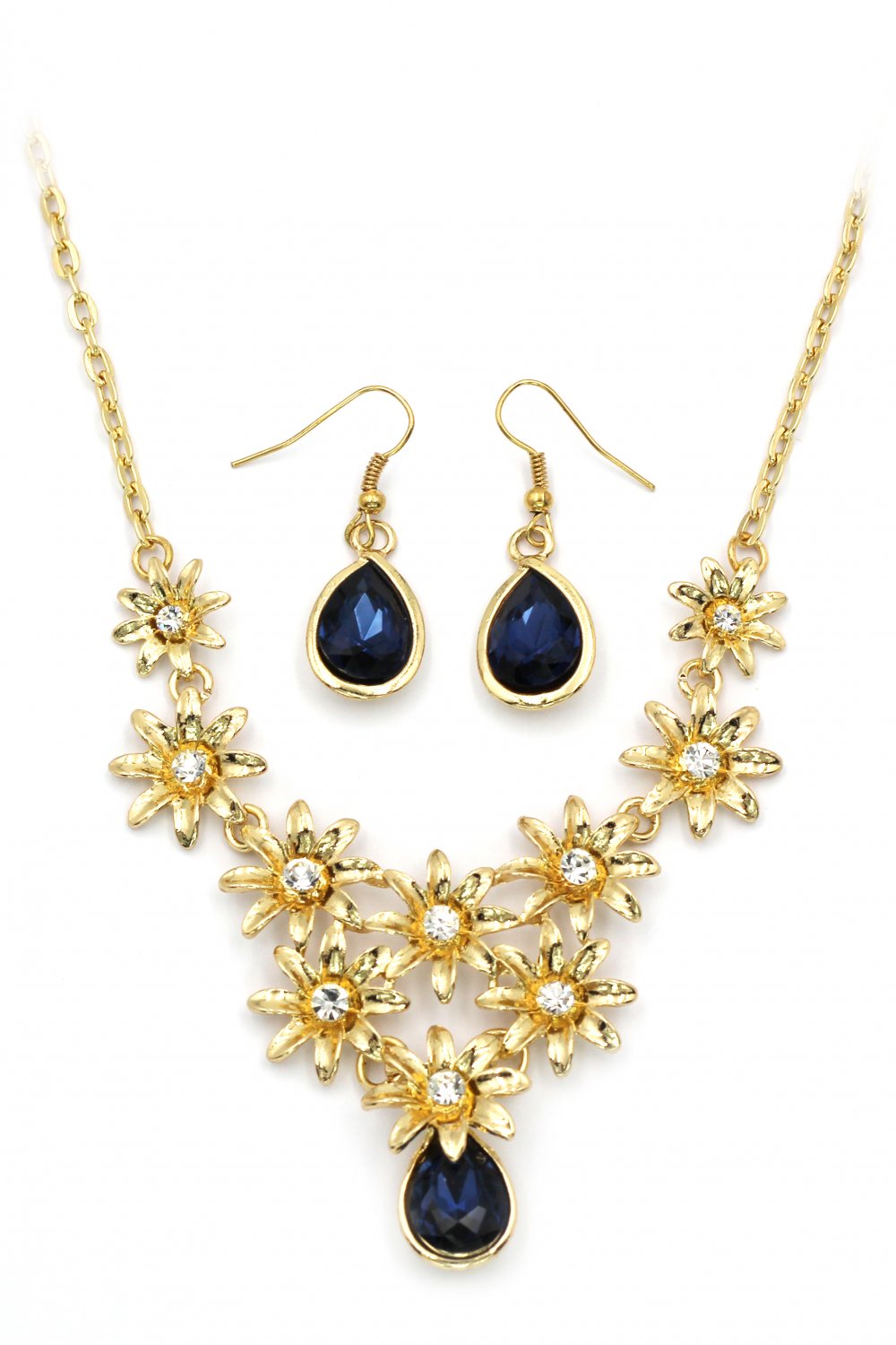 Brilliant golden flower blue crystal necklace earrings set