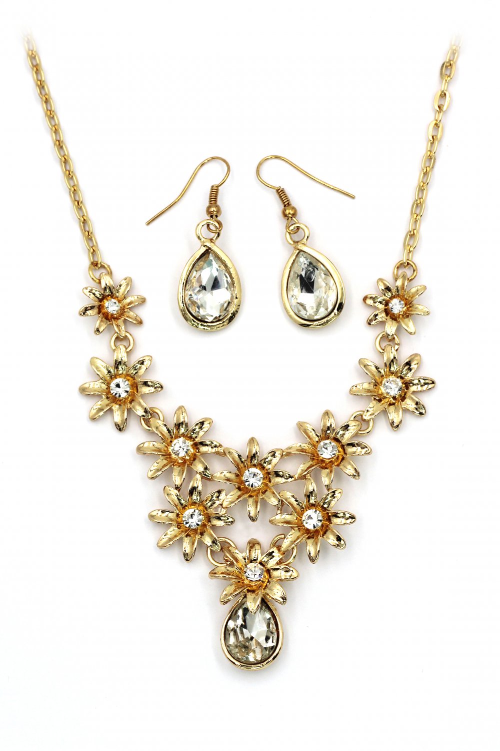 Brilliant golden flower white crystal necklace earrings set