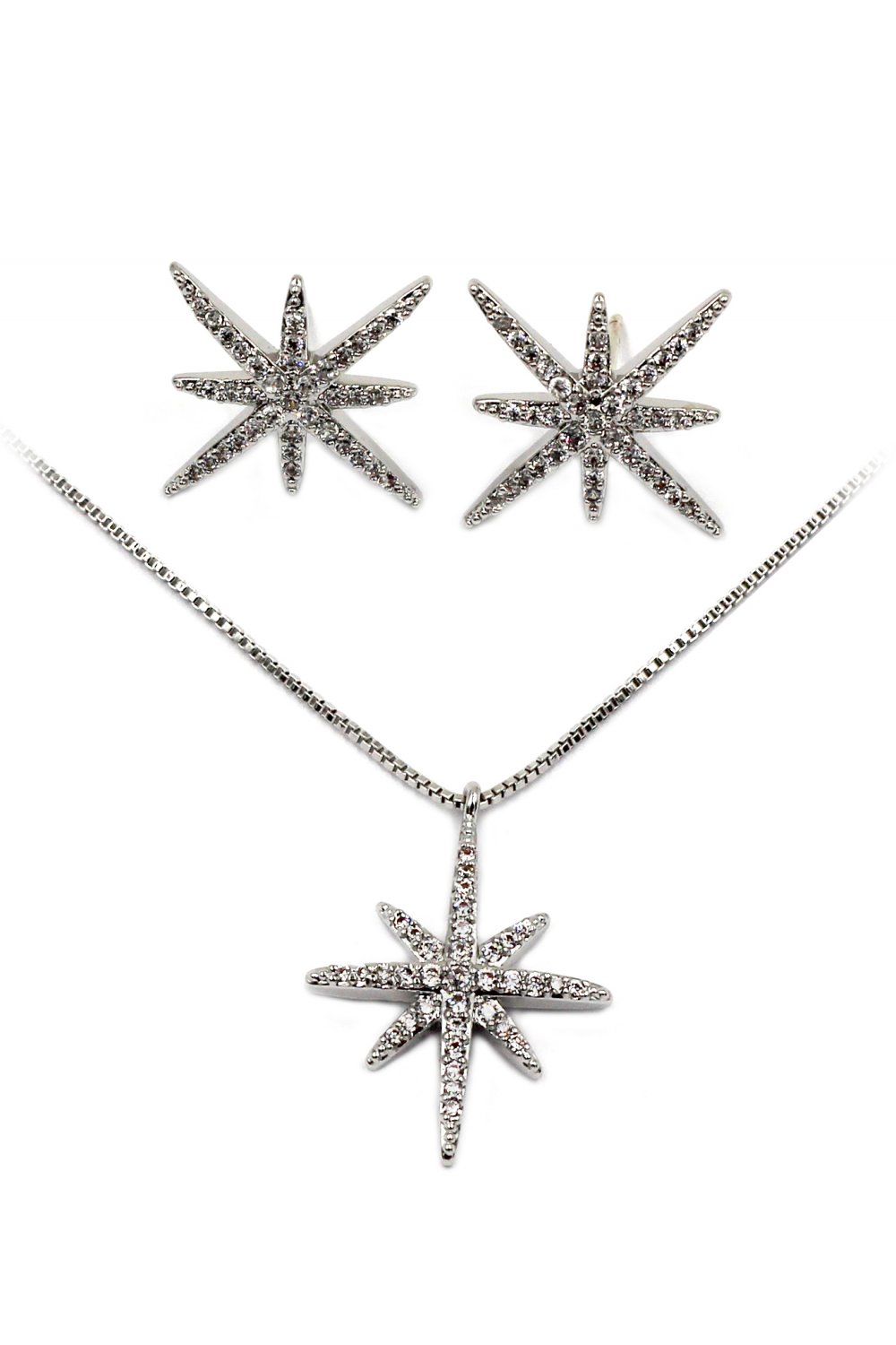 Fashion polaris small crystal Sterling silver chain necklace earrings silver set