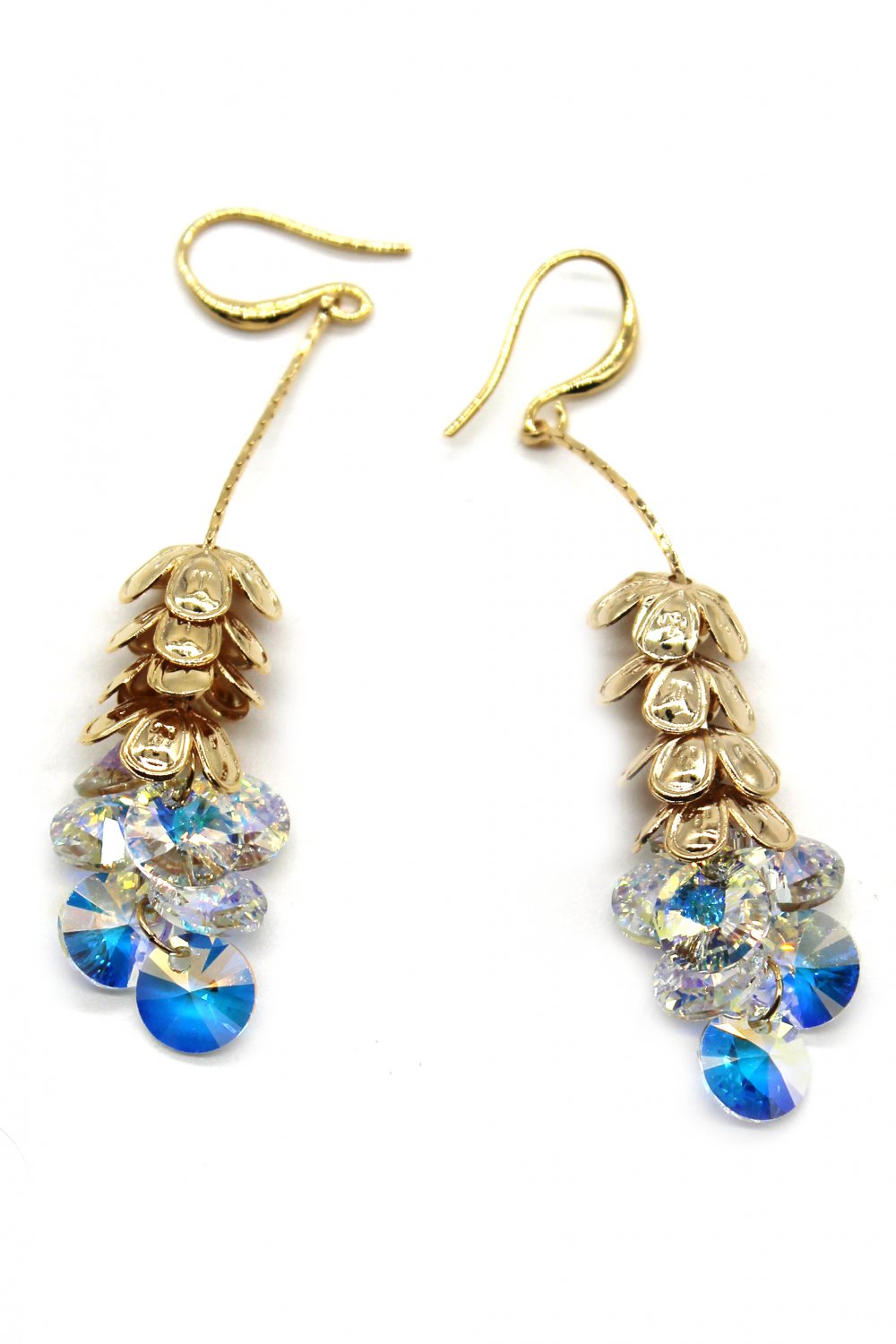 Elegant stacked layers flowers swarovski crystal gold earrings
