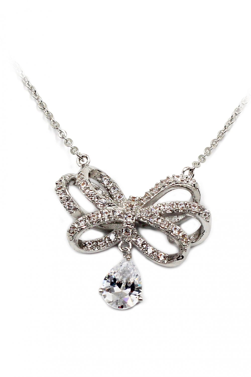 Noble bowknot crystal pendant silver necklace