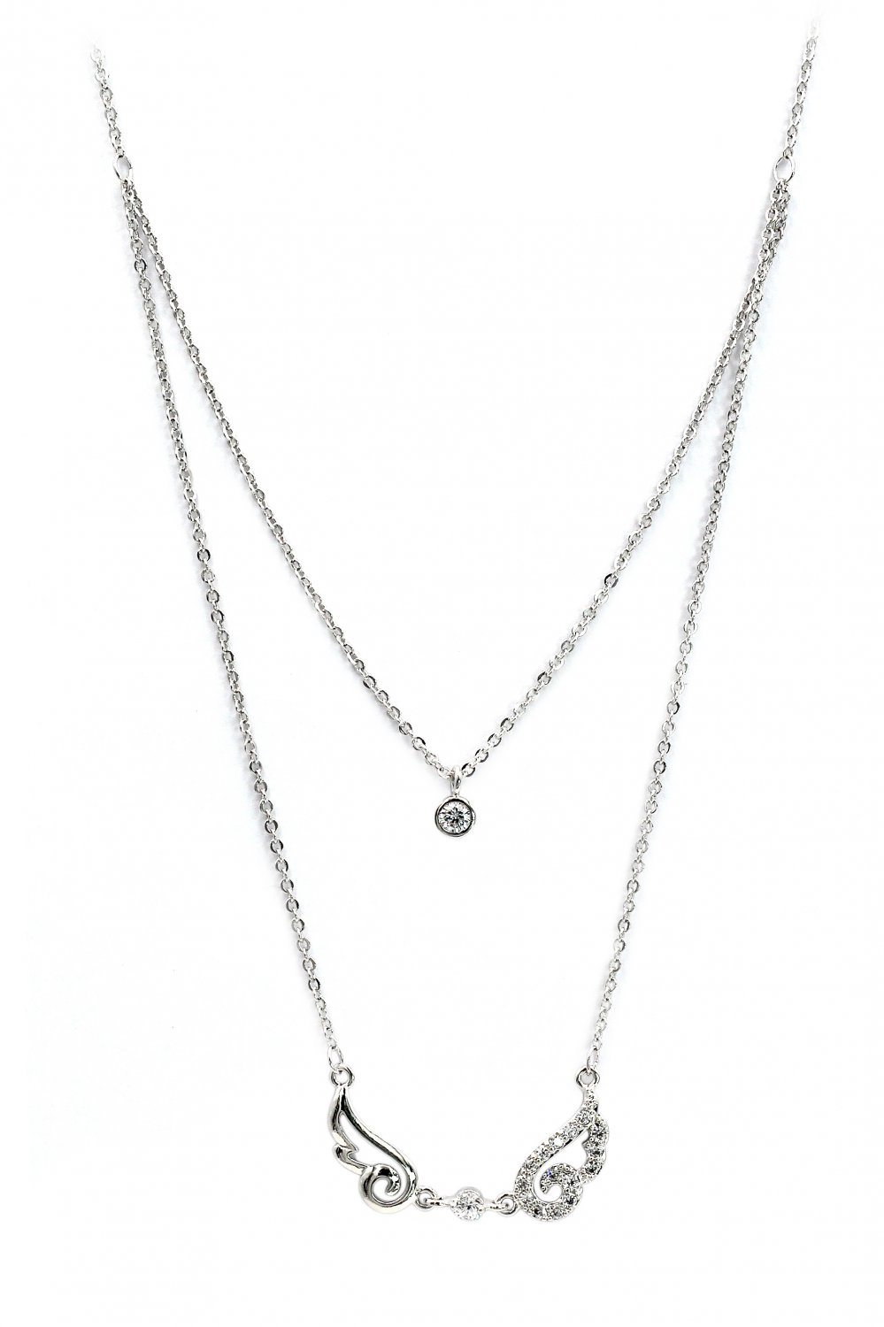 Duplexes asymmetric crystal wing silver necklace