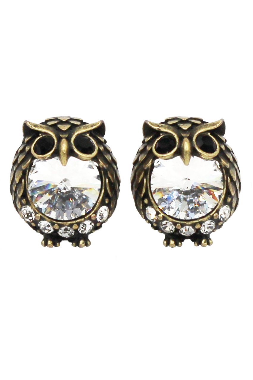 Mini cute Vintage Gold owl crystal earrings