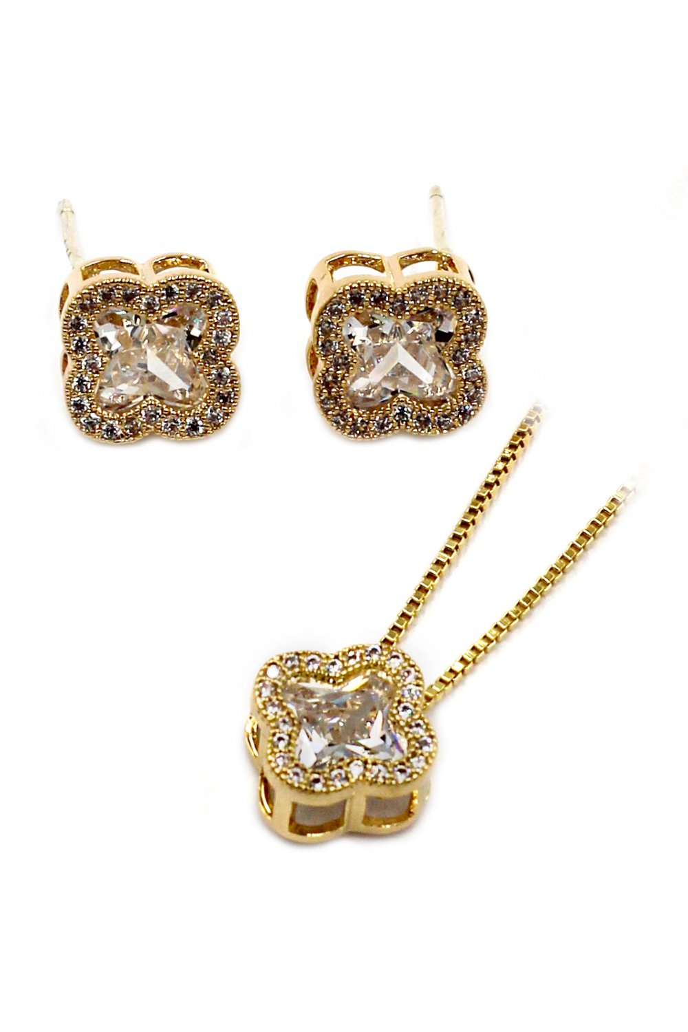 Stylish cherry crystal necklace earrings gold set
