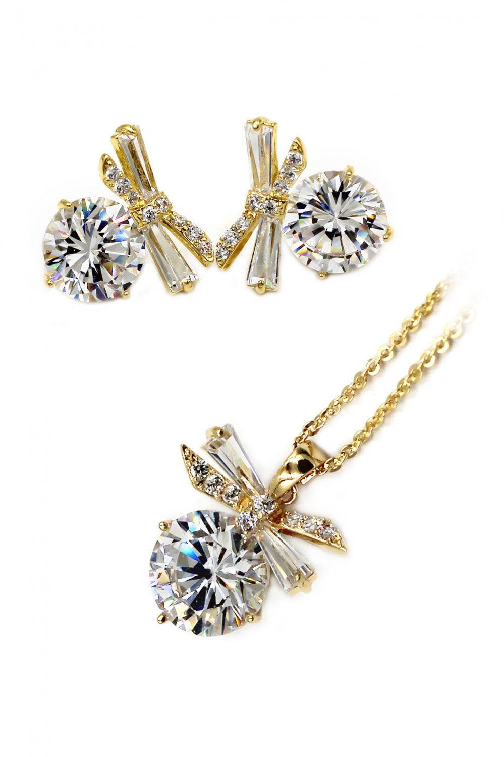 Elegant dragonfly crystal necklace earrings gold set
