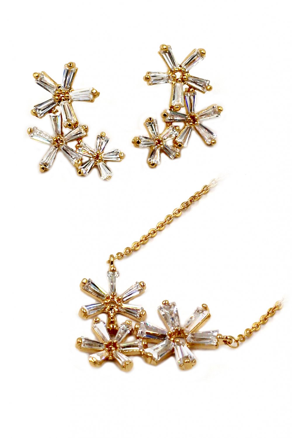 Simple flowers crystal necklace earrings gold set
