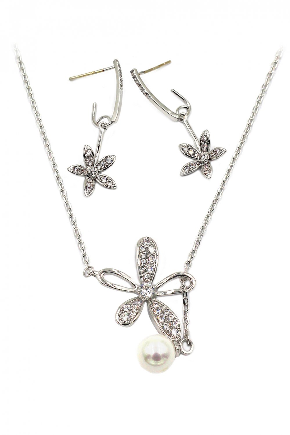 Elegant crystal flower petals necklace earrings silver set