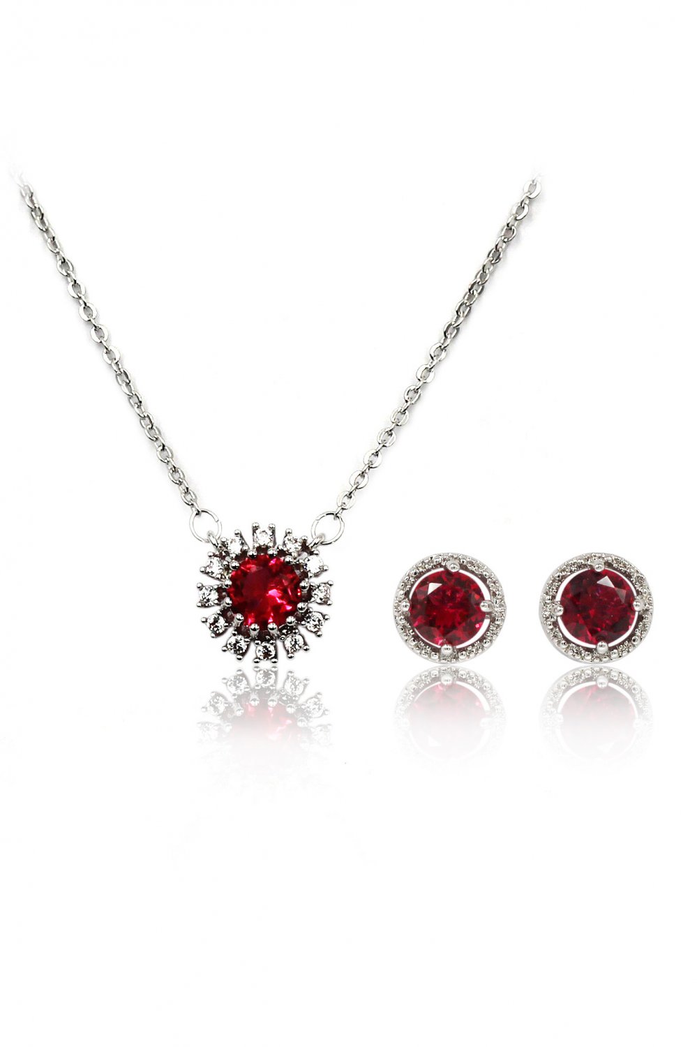 Simple red crystal necklace earrings silver set